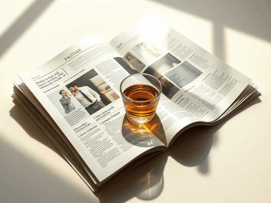 Offene Zeitungsseiten auf einem hellen Tisch, daneben ein Glas Tee im warmen Licht. Minimalistisches, modernes Layout mit ruhiger Atmosphäre und weichen Schatten.